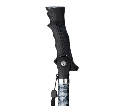 MultiMotion Wandelstok / Nordic loopstok (ingezoomd op het handvat omhoog geklapt in de nordic walking stand)