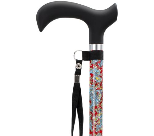 MultiMotion wandelstok - Rood paisley (ingezoomd op handvat en kleur van de buis)
