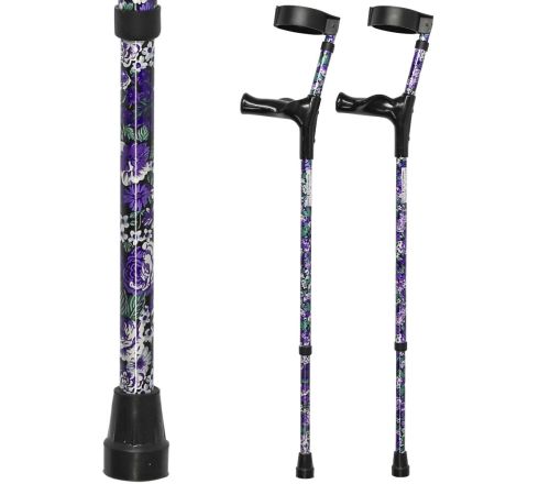 Multimotion elleboogkrukken met print - Bloemen paars (set krukken met daarnaast een afbeelding ingezoomd op de print)
