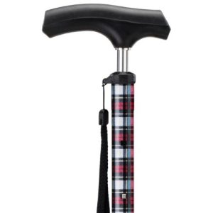 MultiMotion wandelstok telescopisch - Rood geruit (ingezoomd op het handvat)