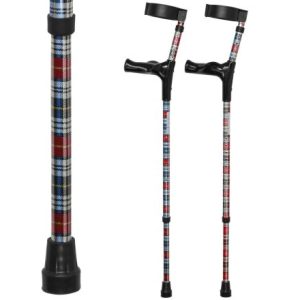 Multimotion elleboogkrukken met print - Blauw/Rood geruit (set krukken met daarnaast een afbeelding ingezoomd op de print)