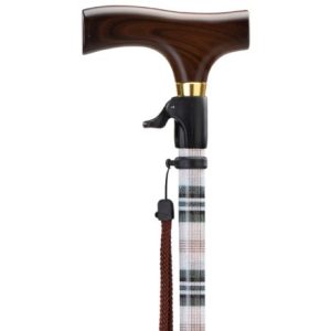 MultiMotion wandelstok met drukknop bediening - Beige geruit (ingezoomd op het handvat en de drukknop bediening)