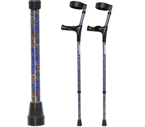 Multimotion elleboogkrukken met print - Paisley blauw (set krukken met daarnaast een afbeelding ingezoomd op de print)