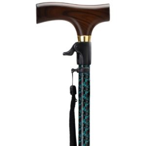 MultiMotion wandelstok met drukknop bediening - Zwart/ groene print (ingezoomd op het handvat met drukknop bediening)