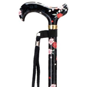 MultiMotion wandelstok met volledige print- Bloemen zwart (ingezoomd op het handvat)