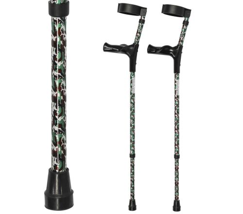 Multimotion elleboogkrukken met print - Camouflage (set krukken met daarnaast een afbeelding ingezoomd op de print)