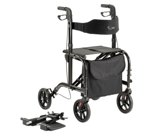 MultiMotion Duo in de rollator stand - met de voetsteunen ernaast op de grond